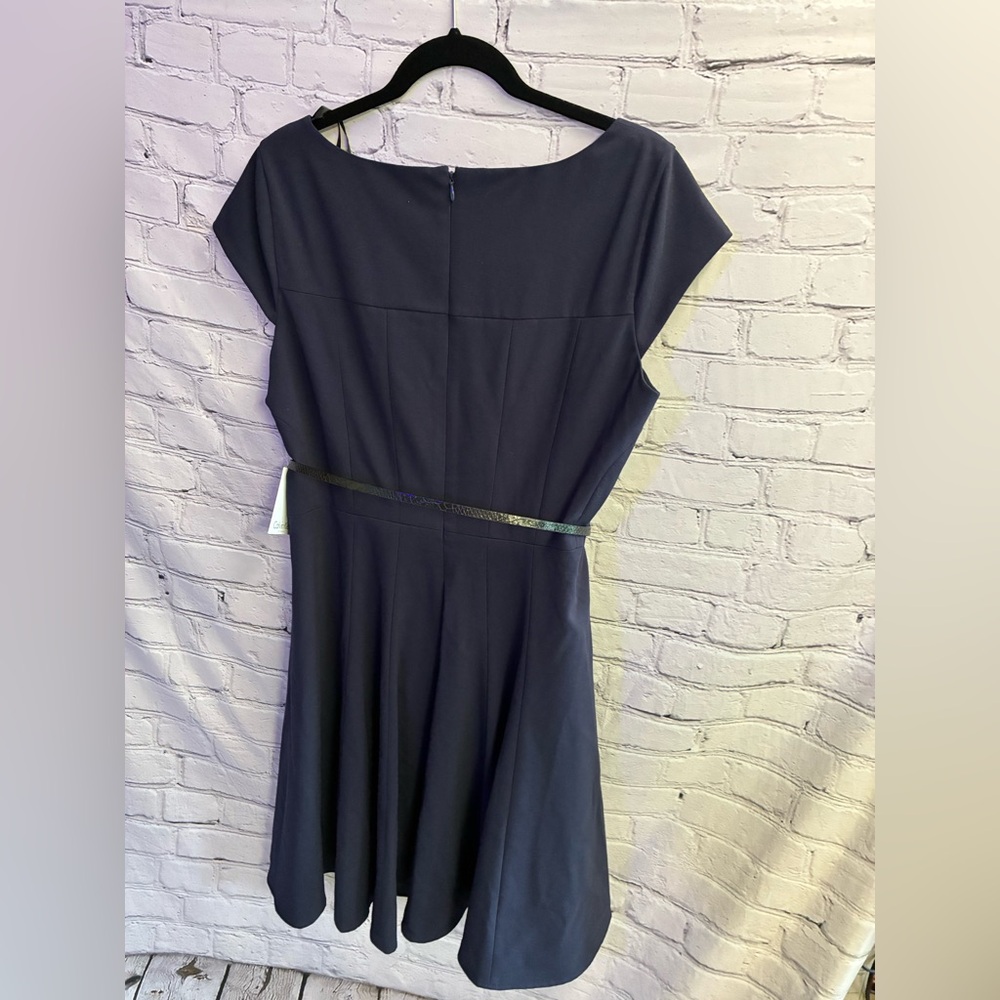 Calvin Klein Blue Paneled Cap Sleeve A-Line Knee Length Belted Dress NWT Size 12 - Picture 9 of 9